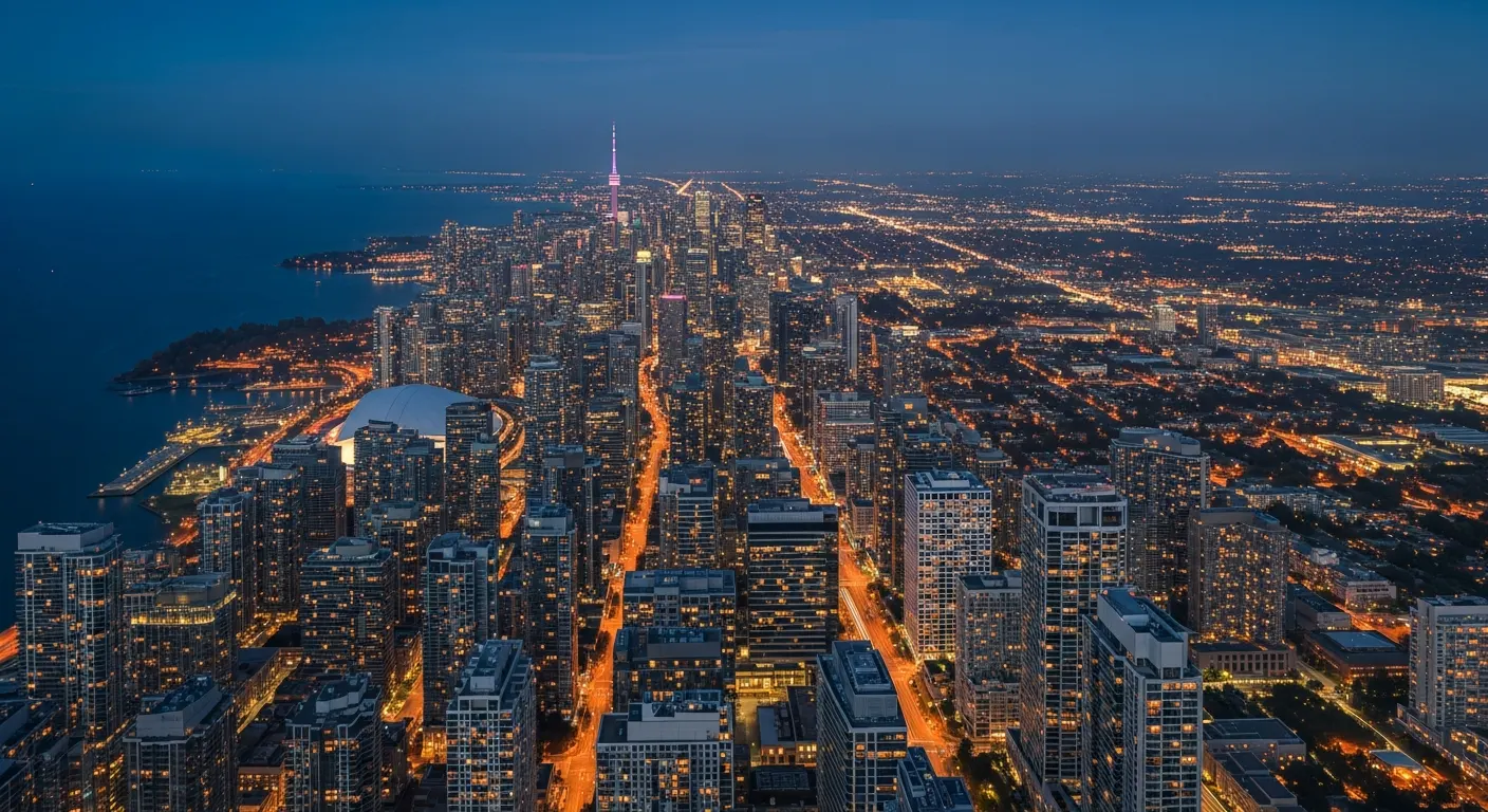 High-altitude aerial view of the Greater Toronto Area at dusk — city lights stretching from Lake Ontario northward across the GTA against a deep navy sky