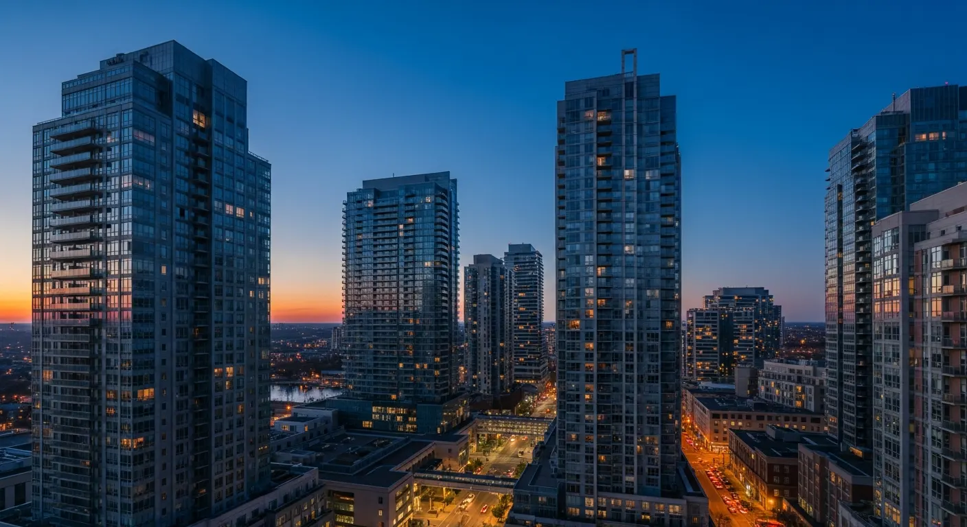 Mississauga City Centre and Square One high-rise towers at dusk with warm tungsten window lights against a deep navy sky