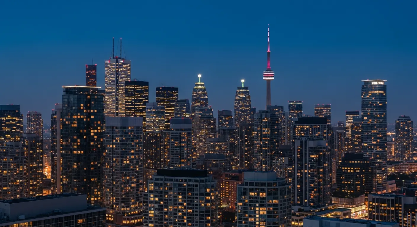 Downtown Toronto Financial District towers at dusk with warm tungsten window lights against a deep navy sky