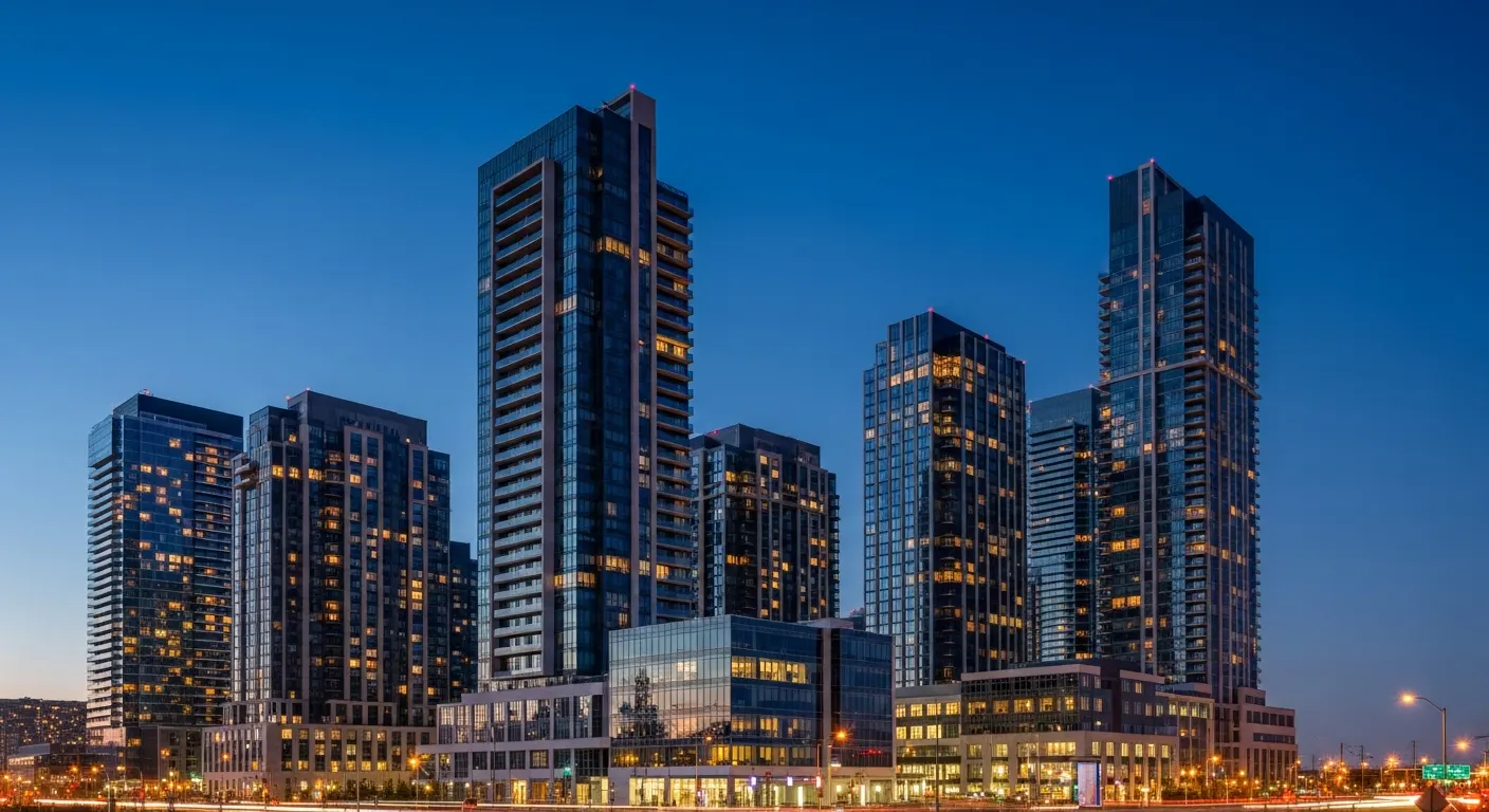 Vaughan Metropolitan Centre high-rise towers at the Highway 7 corridor at dusk with warm tungsten window lights against a deep navy sky