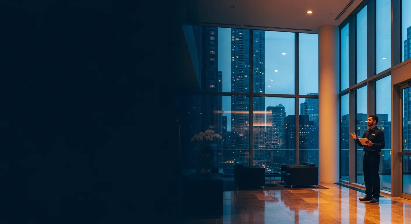 Master Building Services account manager reviewing a property condition report with a building manager in a Toronto high-rise lobby