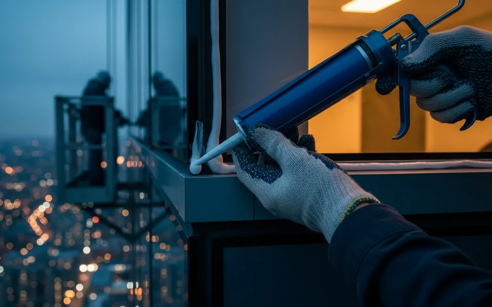 Technician re-sealing a high-rise window joint on a Toronto condo building exterior