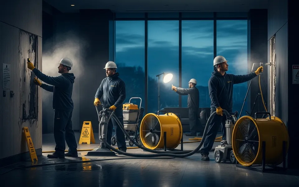 24/7 emergency restoration crew responding to a Toronto building flood at night