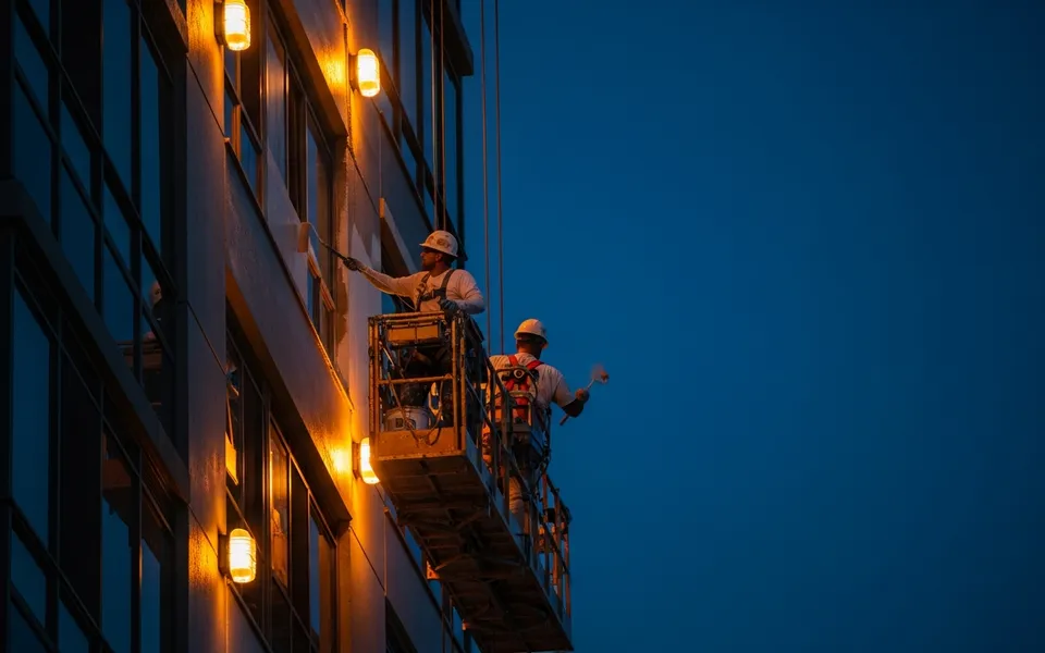 Painters on a swing stage coating a Woodbridge commercial building exterior with weather-resistant system