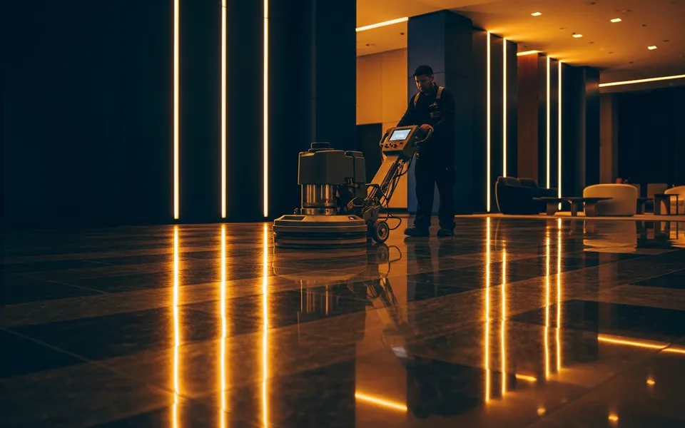 Operator running a floor burnisher across a gleaming Toronto high-rise lobby after salt season