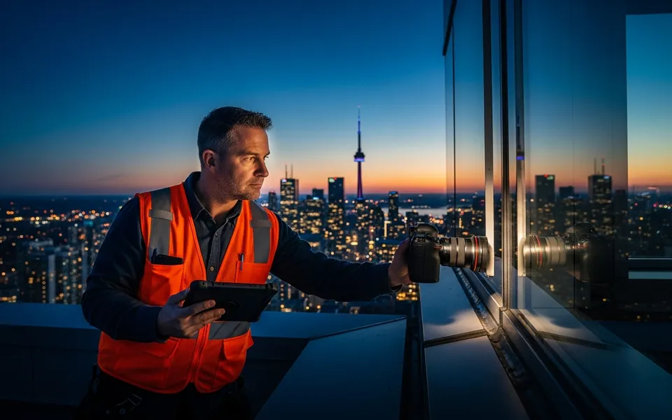 Inspector photographing facade sealant defects on a Toronto mid-rise building exterior