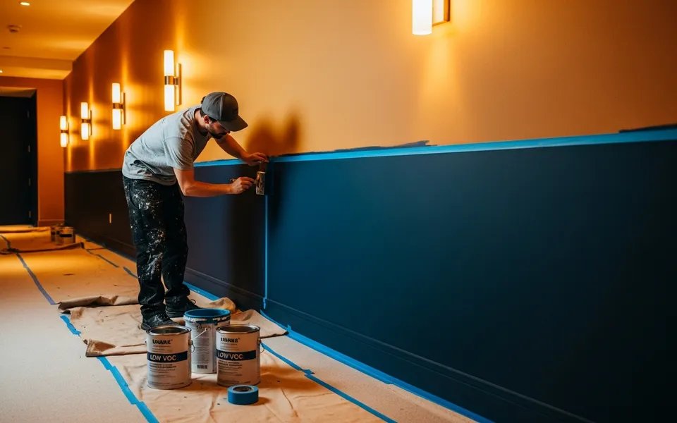Painter cutting a clean line in a Toronto condo hallway during an evening repaint