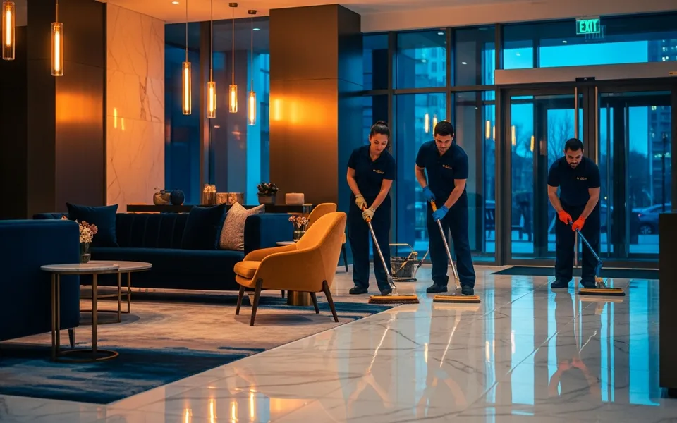 Uniformed crew cleaning a Vaughan Metropolitan Centre condo lobby at night