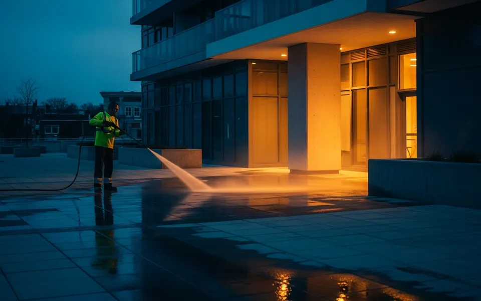 Worker pressure-washing salt-stained entrance concrete on a Toronto condo building podium