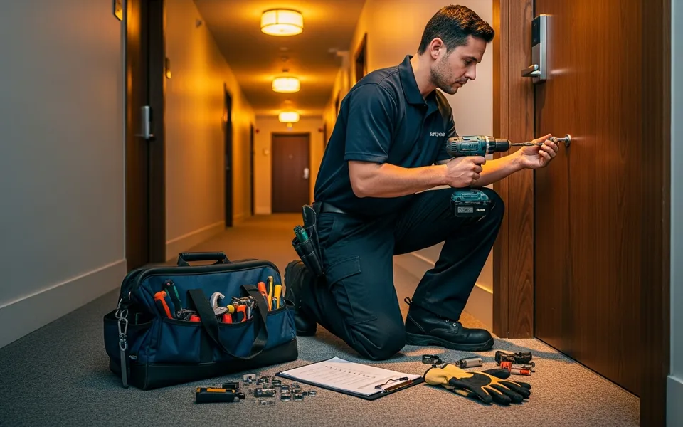 Technician repairing door hardware in a Toronto residential building corridor
