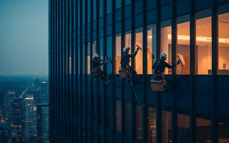 Working at Heights trained technicians cleaning high-rise windows on a Toronto lakeshore condo tower